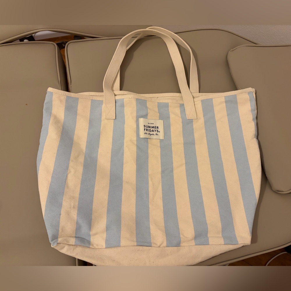 Summer Fridays Blue and Cream Striped Tote Bag